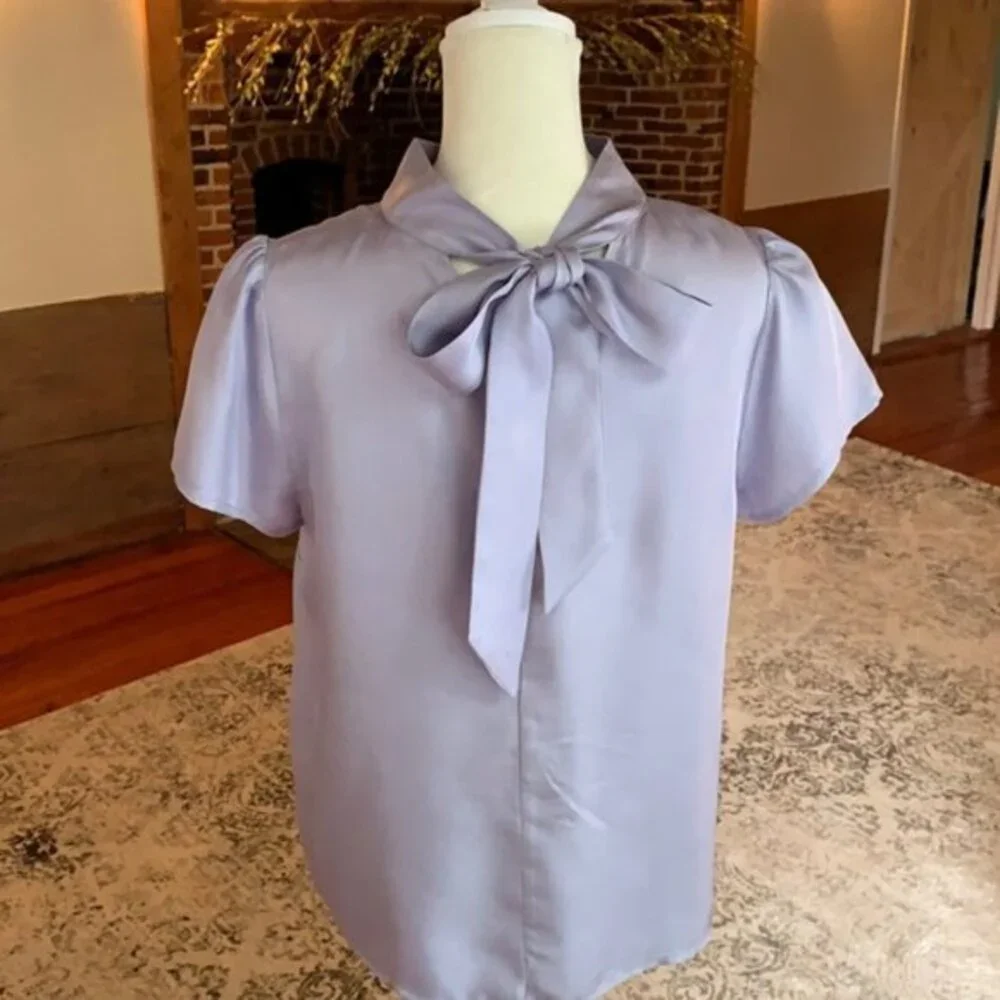 Purple J. Crew Collection Mock Neck Tie Neck Short Sleeve Blouse Top (NWT)